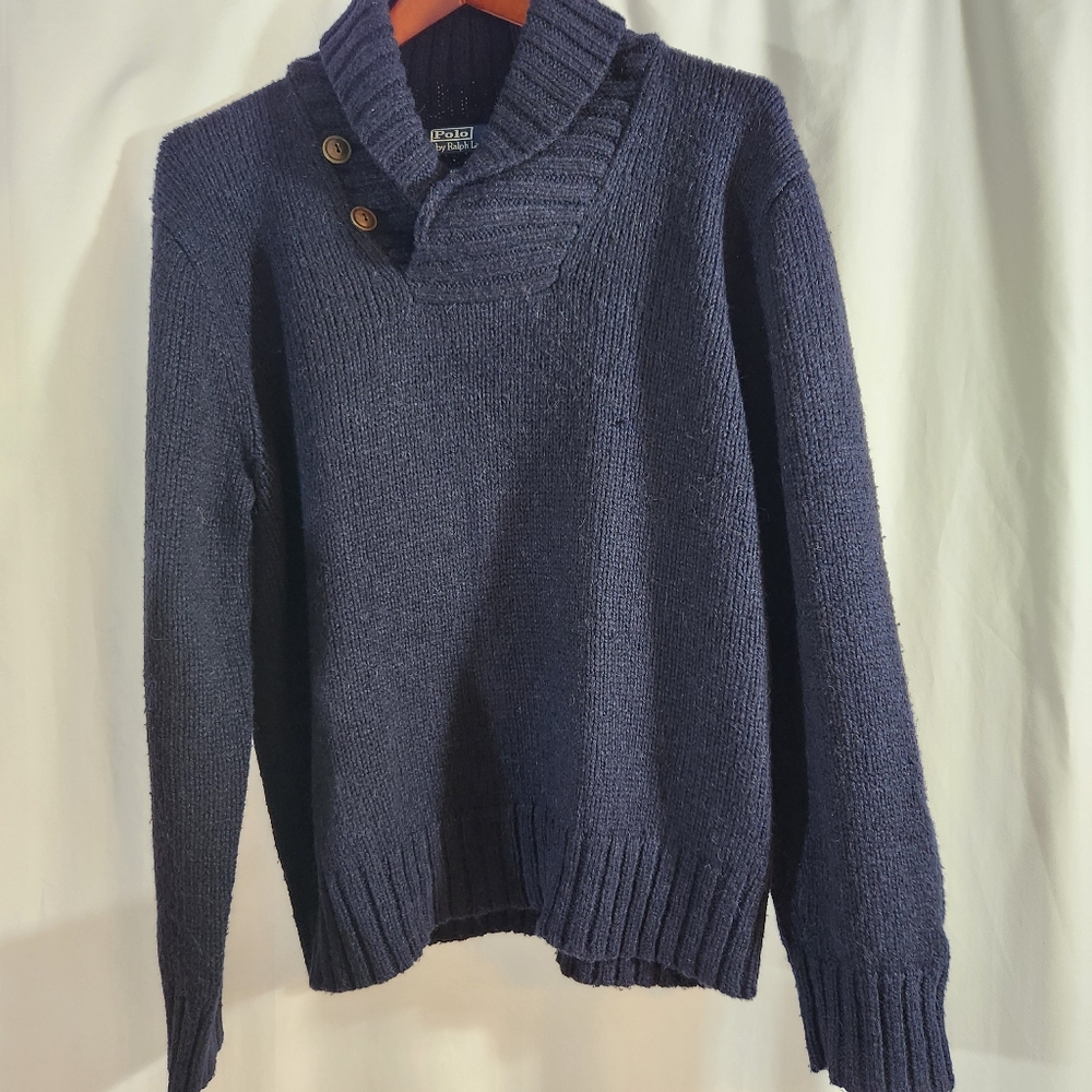 Vintage Polo by Ralph Lauren Navy Preppy Shawl Collar Wool Blend Sweater Size XL